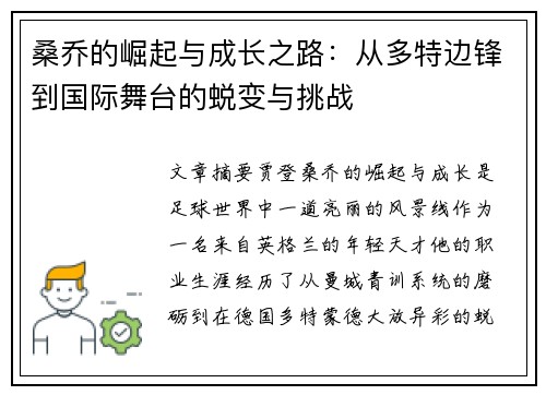 桑乔的崛起与成长之路：从多特边锋到国际舞台的蜕变与挑战
