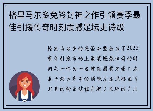格里马尔多免签封神之作引领赛季最佳引援传奇时刻震撼足坛史诗级