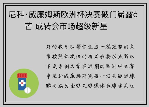 尼科·威廉姆斯欧洲杯决赛破门崭露锋芒 成转会市场超级新星